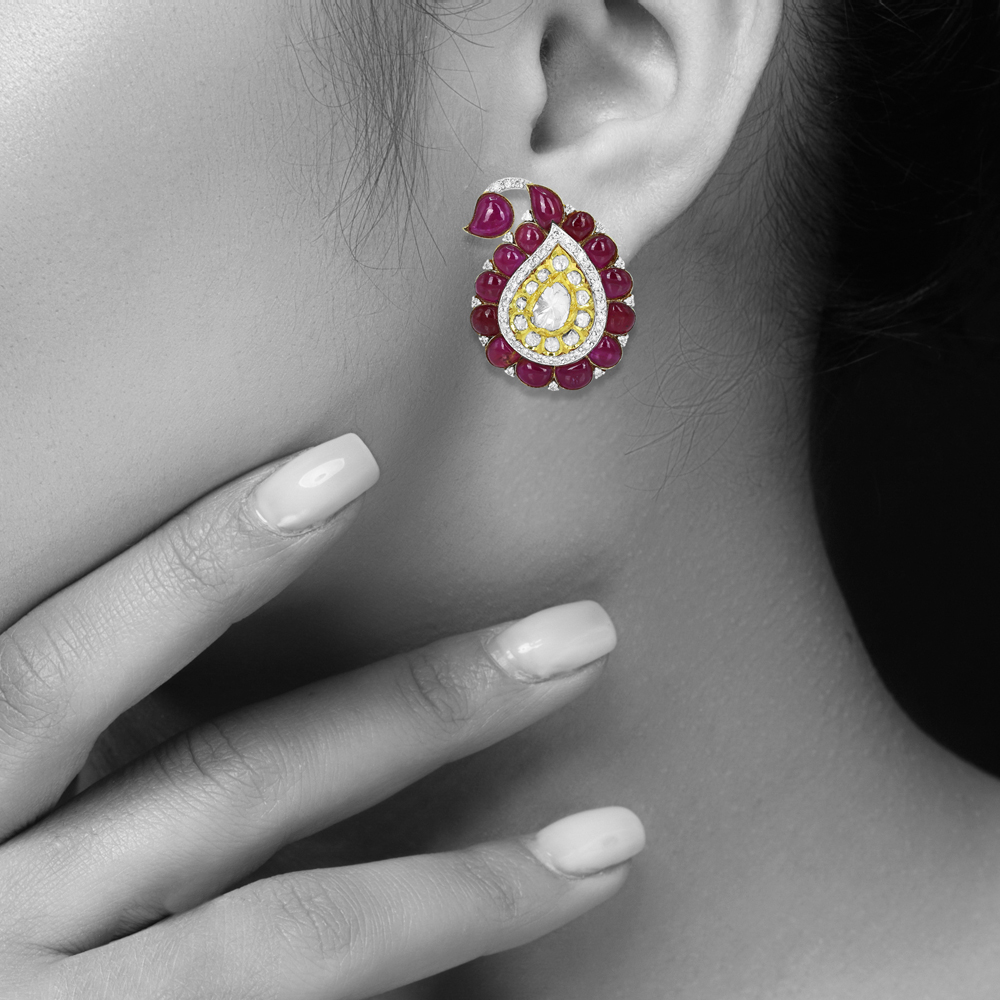 Red colourstone Cabochon Earrings with Polki Diamonds
